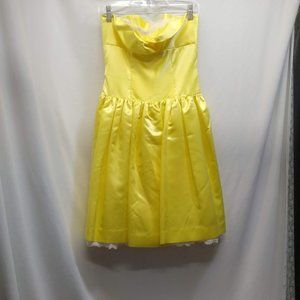 yellow satin strapless dress with lace